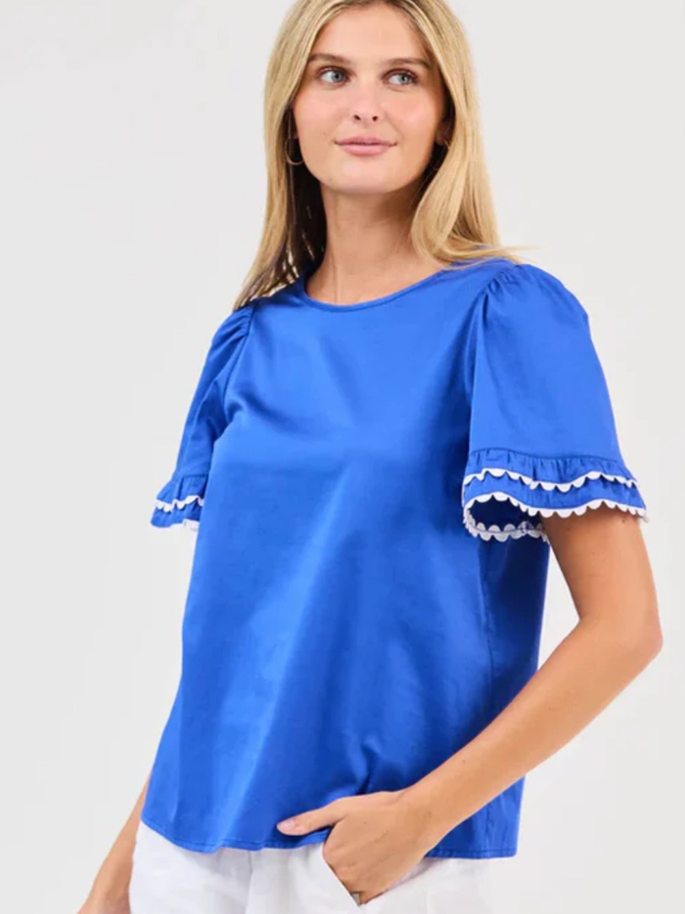Blue Short Sleeve Ruffle Trim Blouse